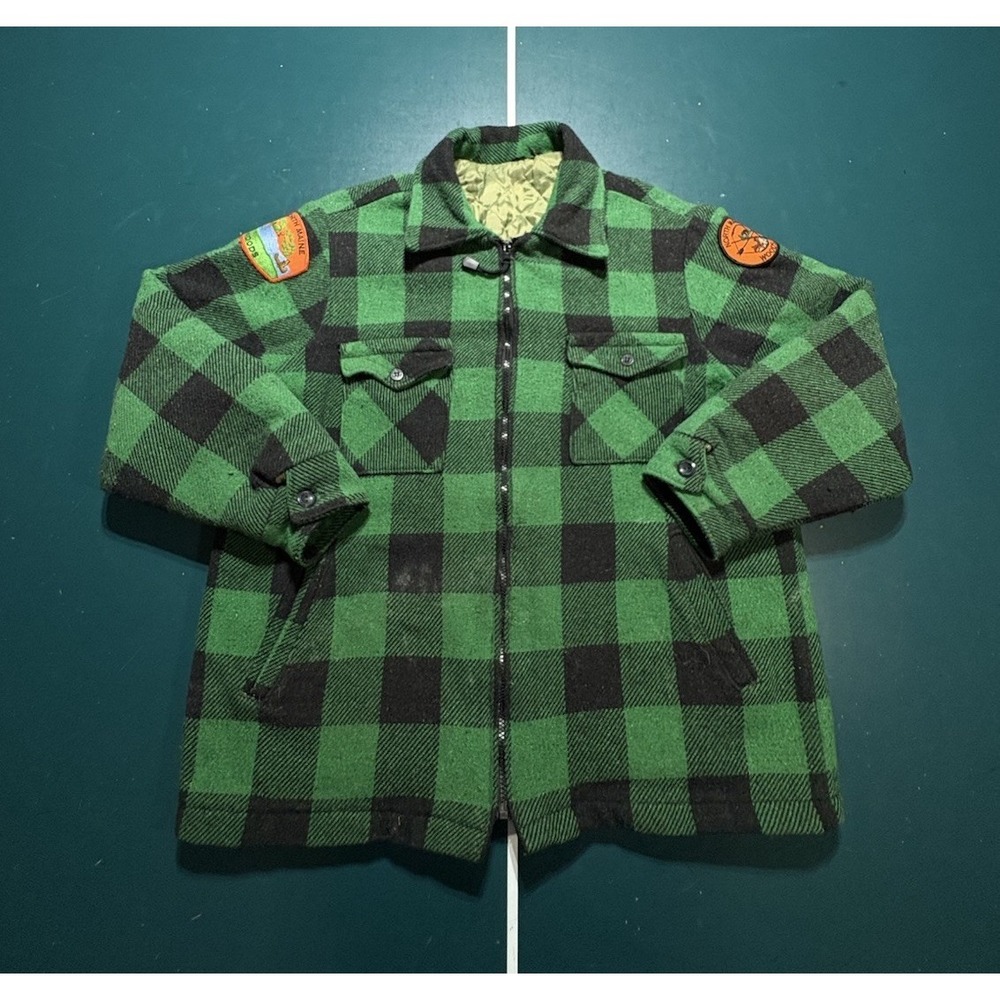 Vtg 70s Woolrich Mackinaw Jacket Green Buffalo‎ Plaid North Maine Woods Patch L